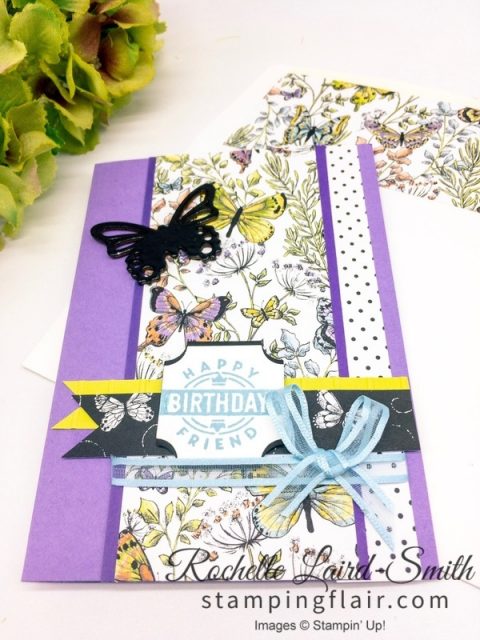 Handmade card with Botanical Butterfly patterned paper and Embossed butterfly