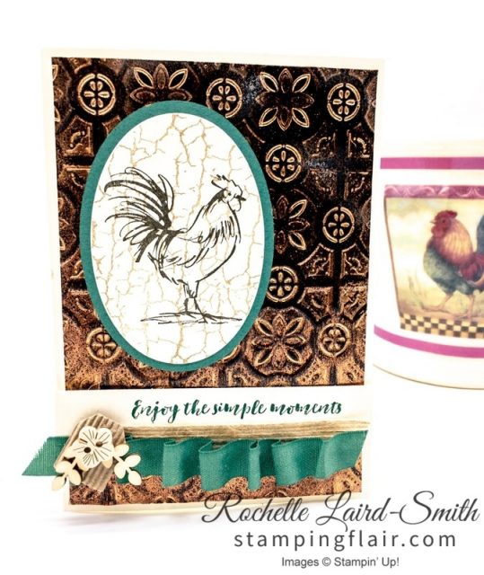 Stampin Up Home to Roost Stamp set, Saleabration, Tin Tile embossing folder with tarnished foil technique, ribbon draping
