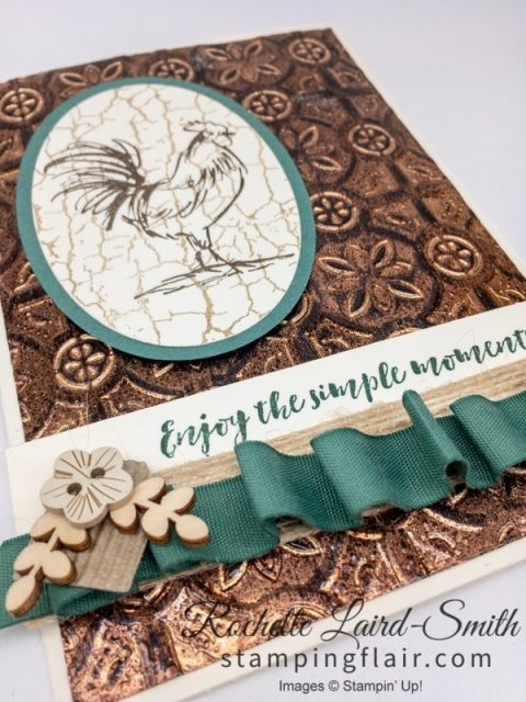 Tarnished Foil technique with Tin Tile embossing folder and hand stamped rooster, Stampin Up Home to Roost stamp set