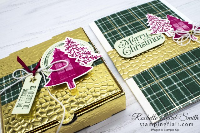 Coordinated handmade Christmas gift box and card in plaid
